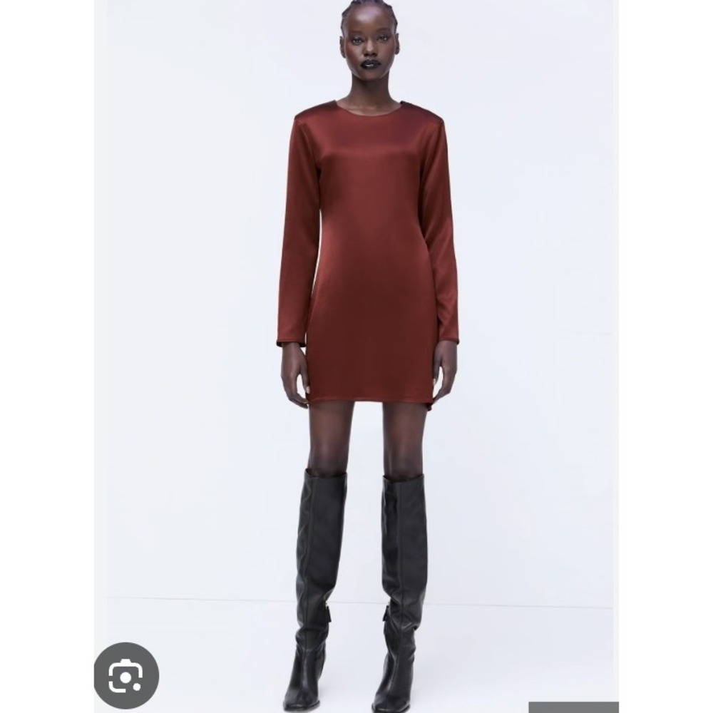 Zara Brown Satin Long Sleeve Mini Dress NWT Size Small